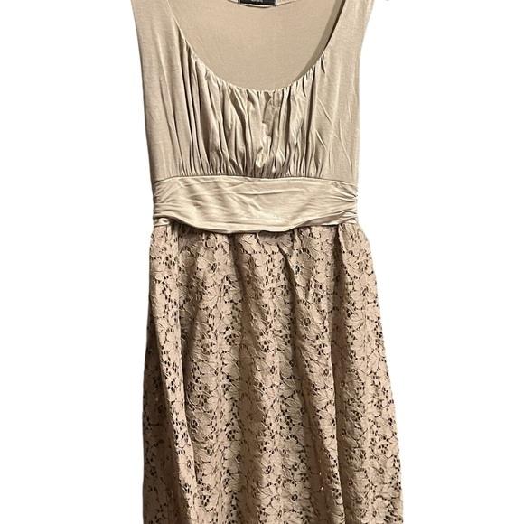 Beige Strapless Dress with Floral Lace Skirt - Picture 3 of 9